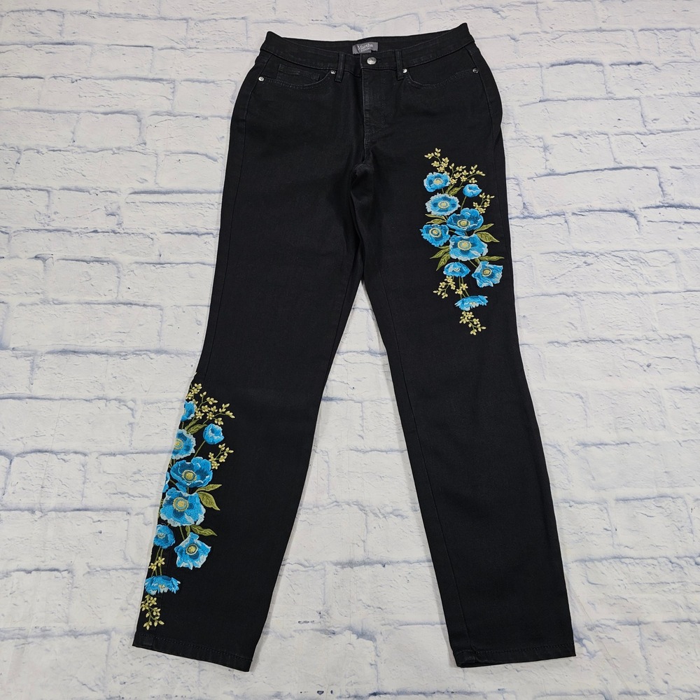 Martha Stewart Jeans Women 6 Black Blue Floral Embroidered High Rise Straight